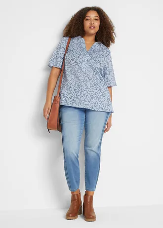 Blouse longue 100% coton, Couleur: bleu nacré/bleu foncé floral