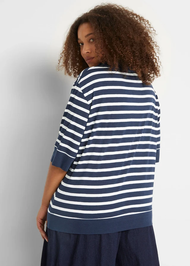 Polo en mélange coton-viscose, Couleur: bleu foncé-blanc rayé