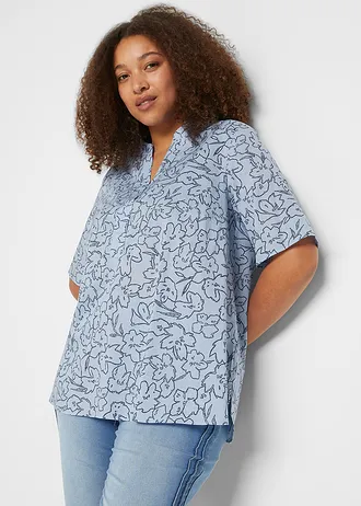 Blouse longue 100% coton, Couleur: bleu nacré/bleu foncé floral