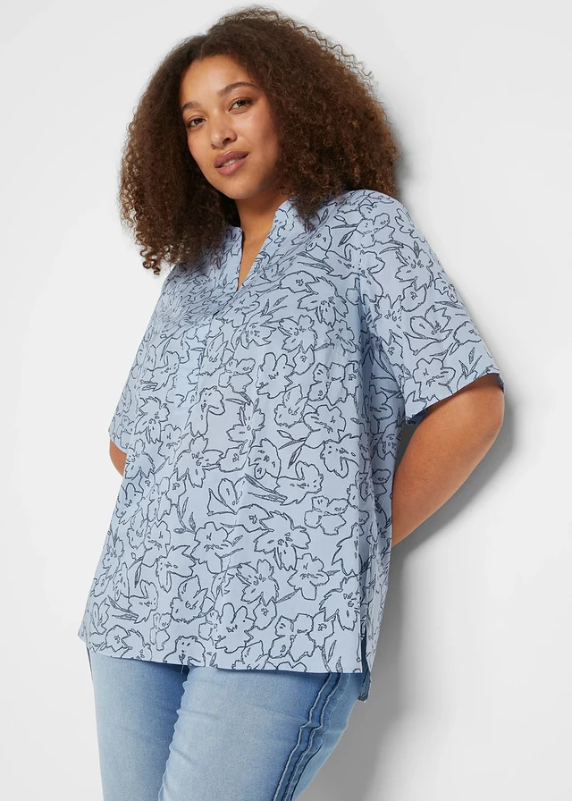 Blouse longue 100% coton, Couleur: bleu nacré/bleu foncé floral