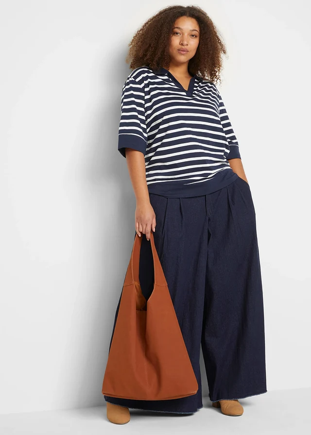 Polo en mélange coton-viscose, Couleur: bleu foncé-blanc rayé