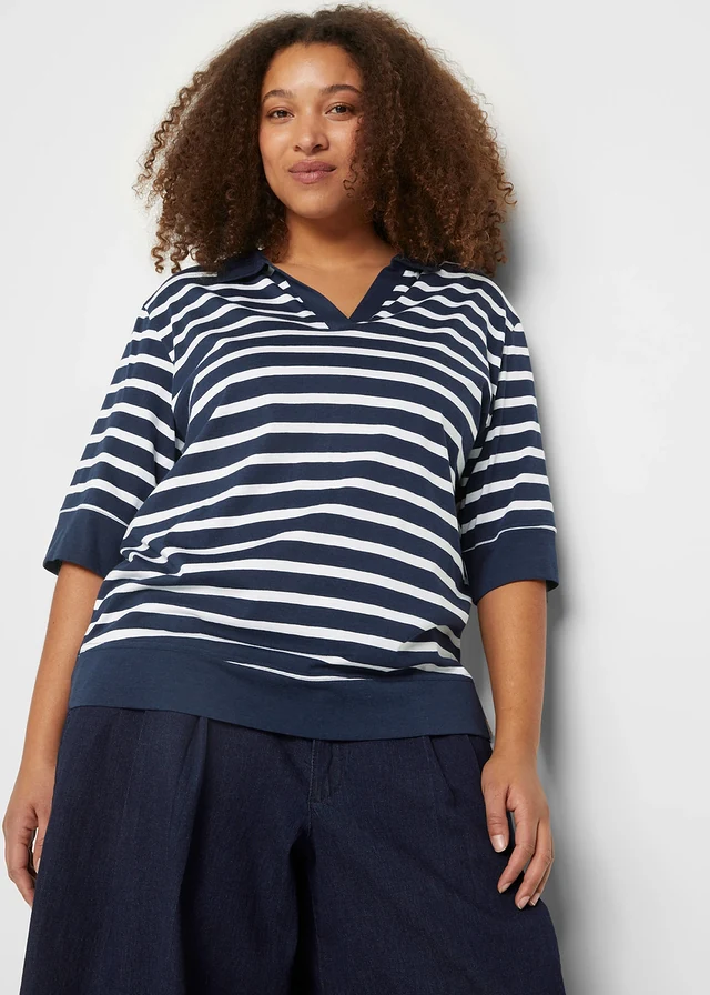 Polo en mélange coton-viscose, Couleur: bleu foncé-blanc rayé
