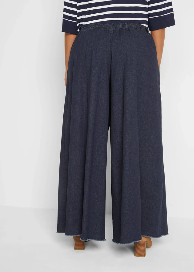 Jupe-culotte large en jean, taille élastiquée, Couleur: bleu foncé denim