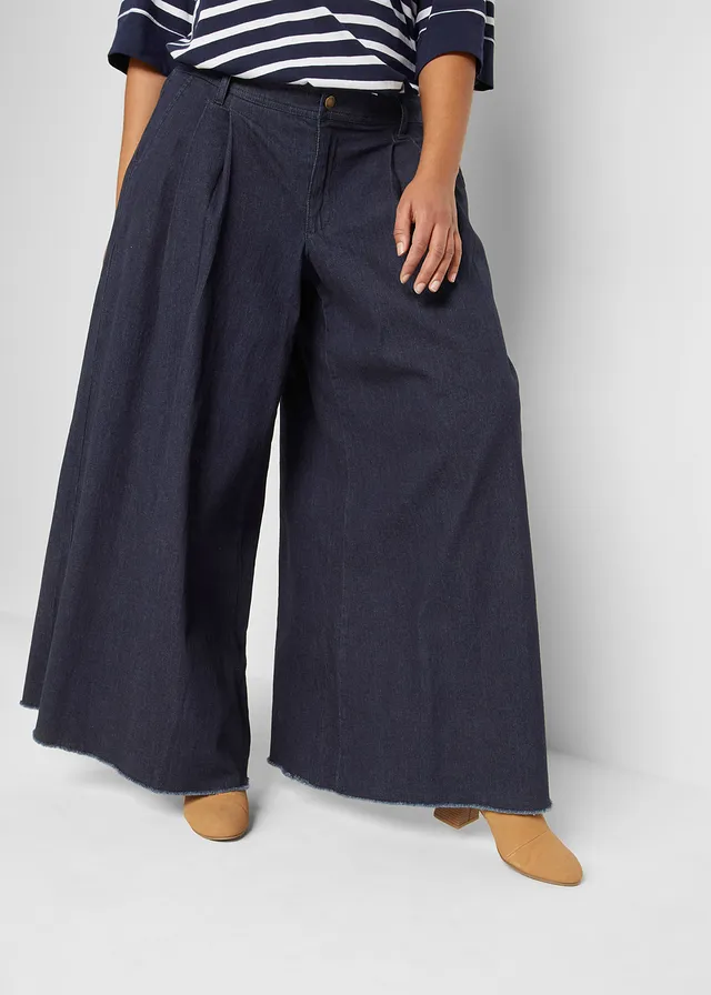 Jupe-culotte large en jean, taille élastiquée, Couleur: bleu foncé denim
