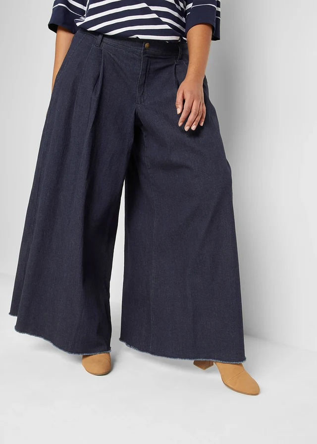 Široká džínová kalhotová sukně, pohodlný pas, barva: tmavě modrý denim