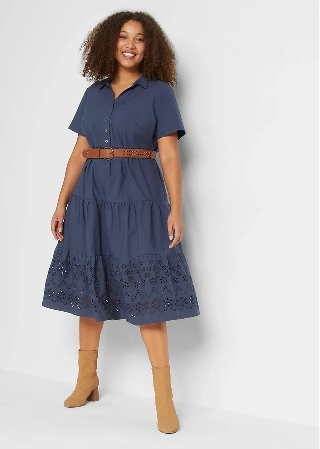 Robe 100% coton avec broderies anglaises, Couleur: bleu foncé