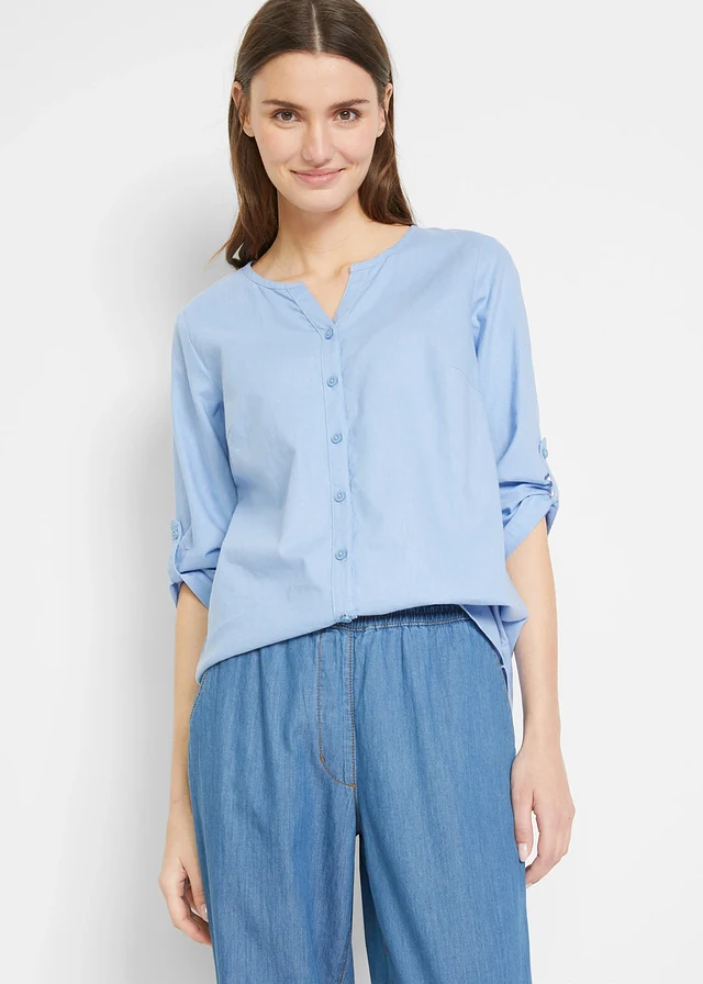 Blouse met linnen, 3/4 mouw, Kleur: parelblauw
