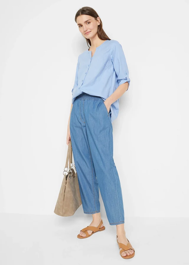 Blouse met linnen, 3/4 mouw, Kleur: parelblauw