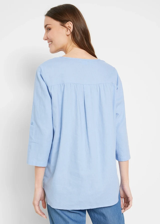 Blouse met linnen, 3/4 mouw, Kleur: parelblauw