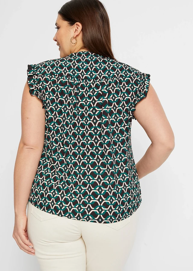 Blouse sans manches imprimée, Couleur: noir/pétrole imprimé graphique