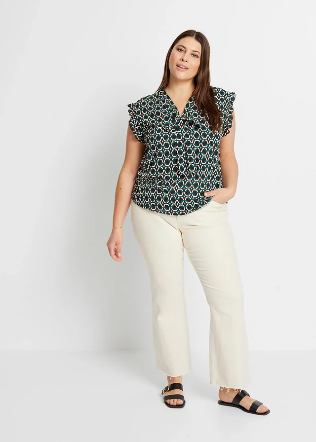 Gedessineerde blousetop, Kleur: zwart-petrol grafische print