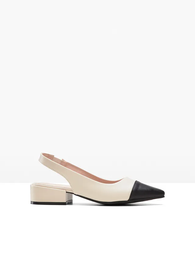 Slingback pumps met platte hak, Kleur: beige-zwart