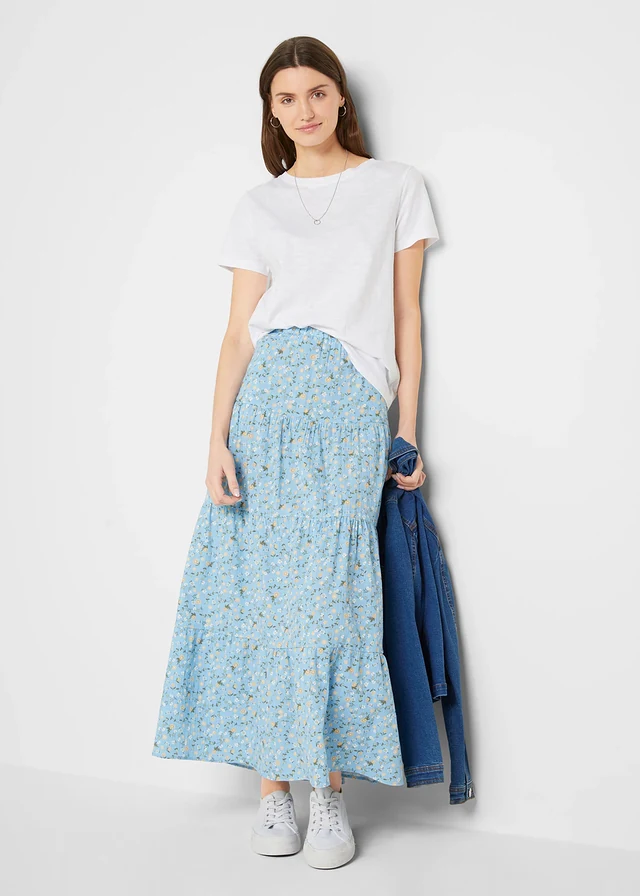 Jupe longue étagée, Couleur: bleu clair à fleurs