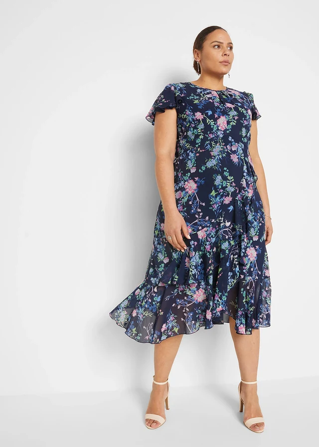 Robe en mousseline à manches papillon, Couleur: bleu foncé floral