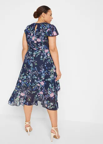 Šifonové šaty s volány, barva: tmavě modrá s květy