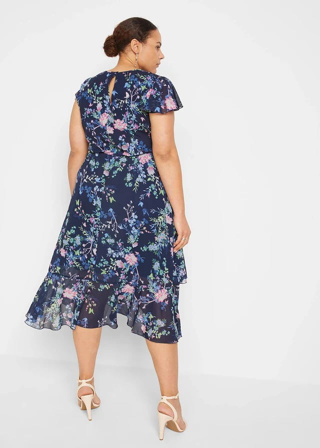 Robe en mousseline à manches papillon, Couleur: bleu foncé floral