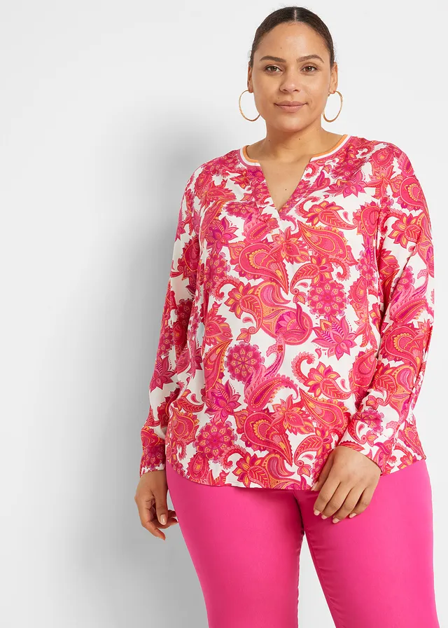 Blouse en viscose fluide, Couleur: fuchsia/rose vif/orange clair paisley