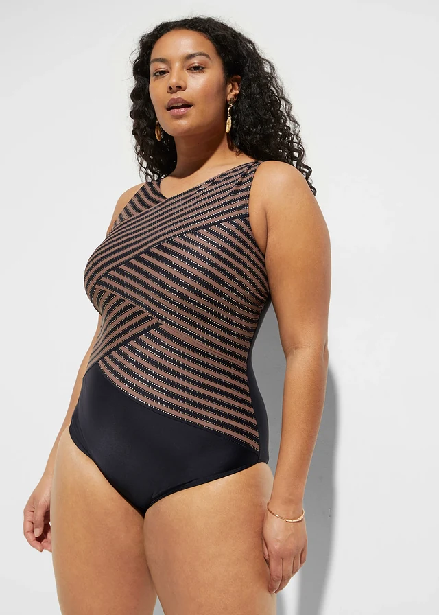 Maillot 1 pièce sculptant effet croisé, maintien modéré, Couleur: noir/taupe/doré