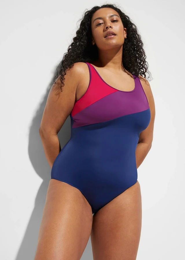Maillot de natation séchage rapide avec empiècements contrastants, Couleur: bleu nuit/violet/magenta