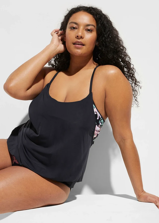 Oversized tankini in layer look (2-dlg. set), Kleur: zwart gebloemd