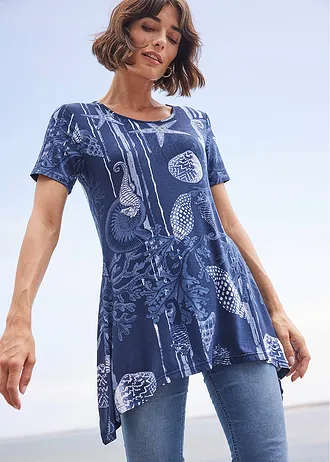 Bluză lungă din material moale cu viscoză • bleumarin- alb, cu imprimeu • magazin bonprix