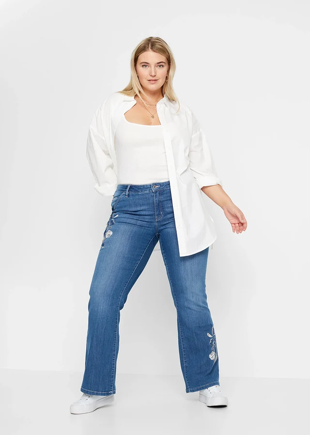 Flared jeans met bloemenborduursel, Kleur: blue stone gebloemd