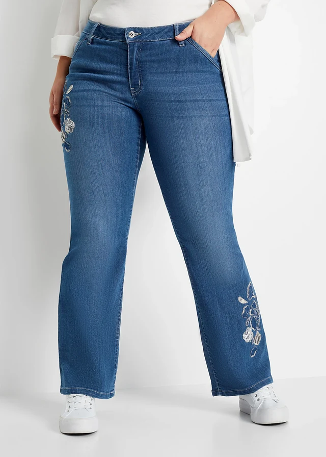 Flared jeans met bloemenborduursel, Kleur: blue stone gebloemd