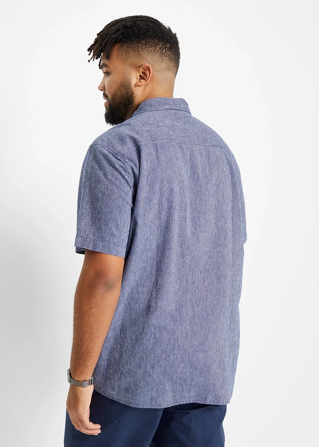 Linnenmix overhemd met korte mouwen, Kleur: blauw-wit gestreept