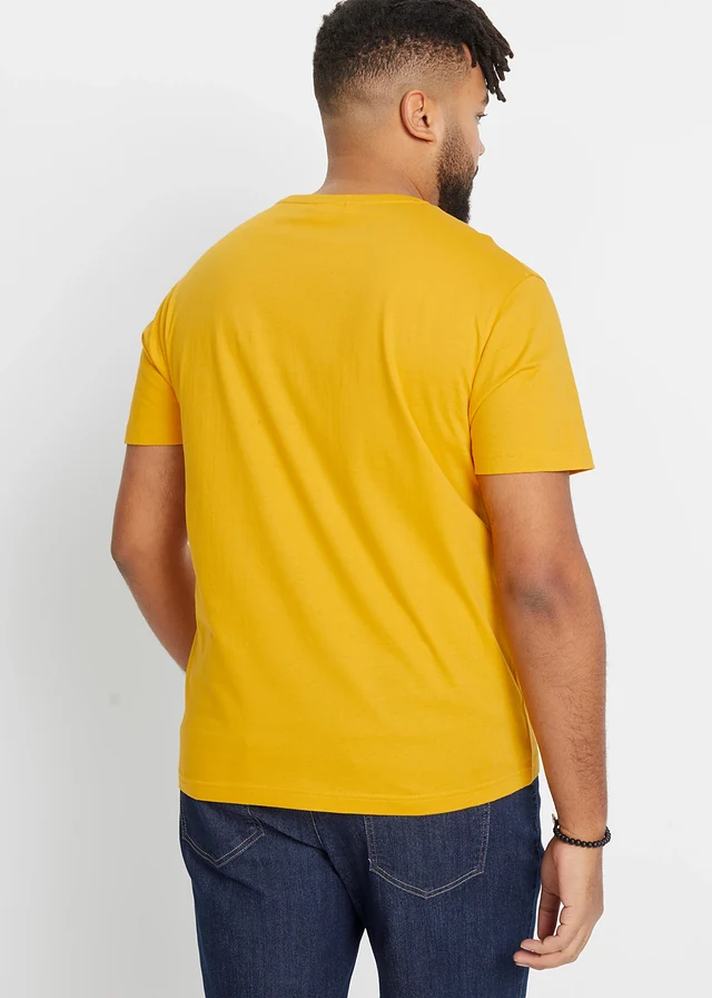 T-shirt (set van 3), Kleur: mineraalblauw+donkerblauw+saffraangeel met print