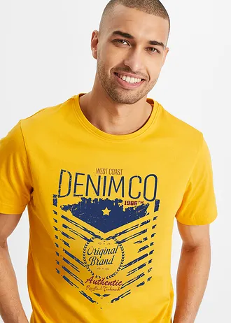 Lot de 3 T-shirts • bleu minéral + bleu foncé + jaune safran imprimé • Boutique bonprix