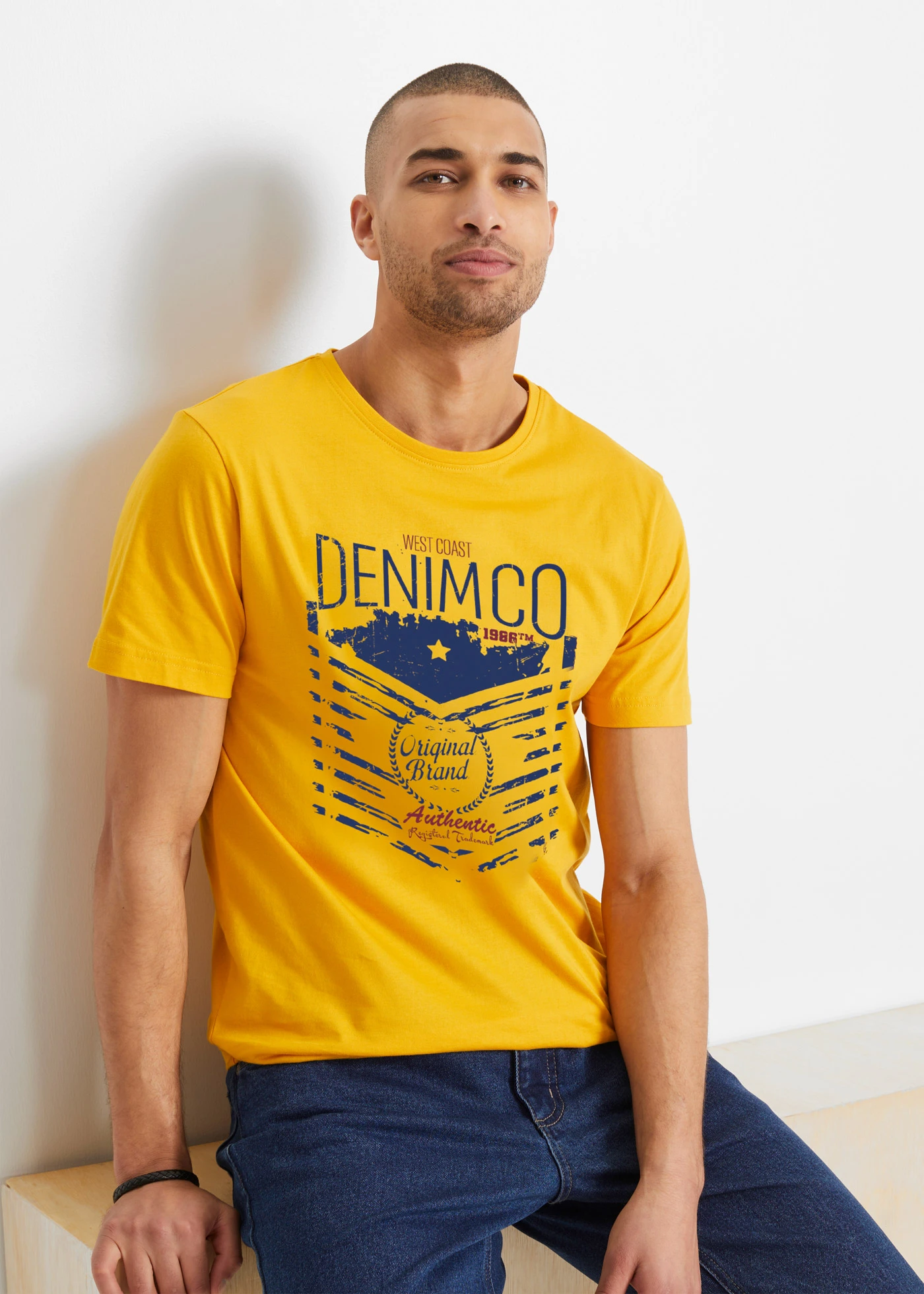 T-shirt (3 szt.) • niebieski mineralny+granatowy+żółty szafran z nadrukiem • sklep bonprix