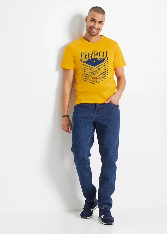 T-shirt (set van 3), Kleur: mineraalblauw+donkerblauw+saffraangeel met print