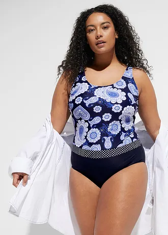 Maillot 1 pièce sculptant, maintien modéré, Couleur: bleu / blanc