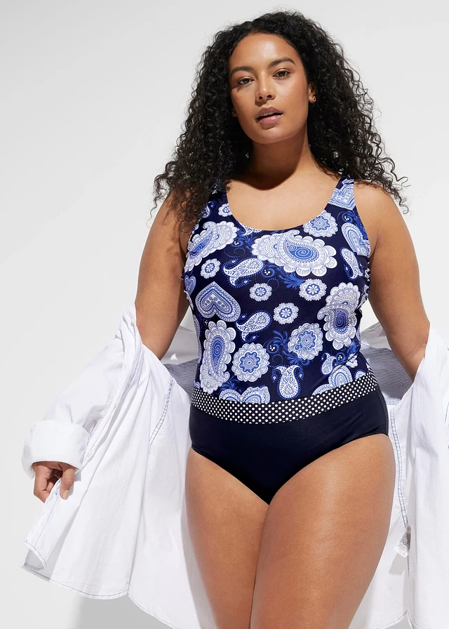Maillot 1 pièce sculptant, maintien modéré, Couleur: bleu + blanc