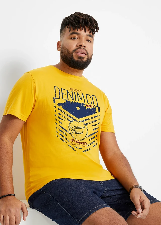 Lot de 3 T-shirts, Couleur: bleu minéral + bleu foncé + jaune safran imprimé