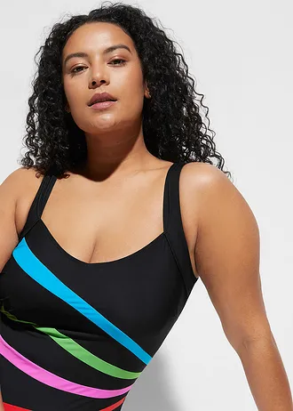 Maillot sculptant à empiècement, maintien modéré, Couleur: noir multicolore rayé