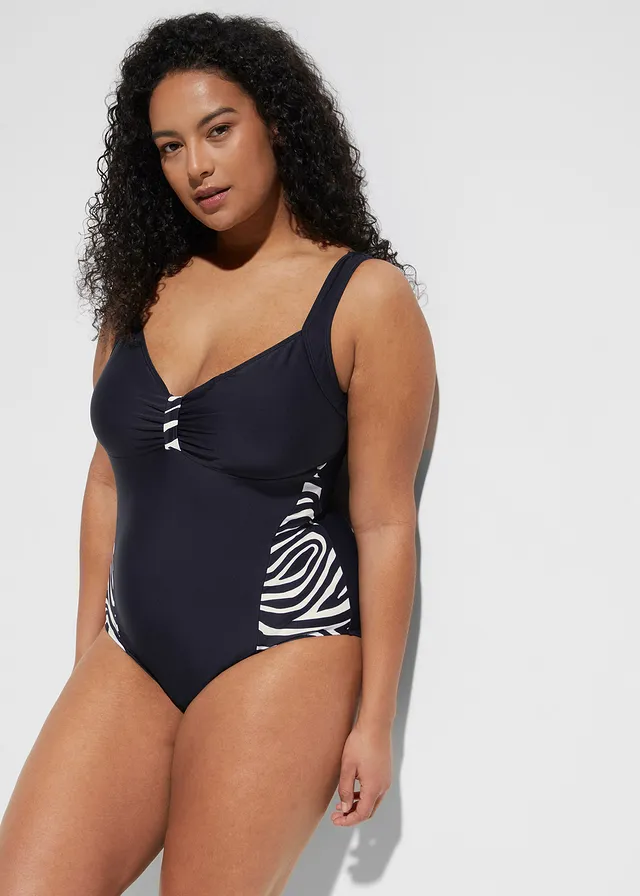 Maillot 1 pièce à empiècements latéraux contrastants, Couleur: noir/blanc zèbre