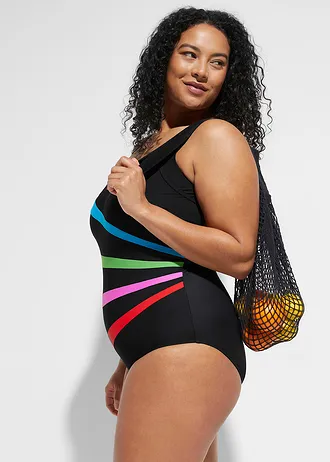 Maillot sculptant à empiècement, maintien modéré, Couleur: noir multicolore rayé