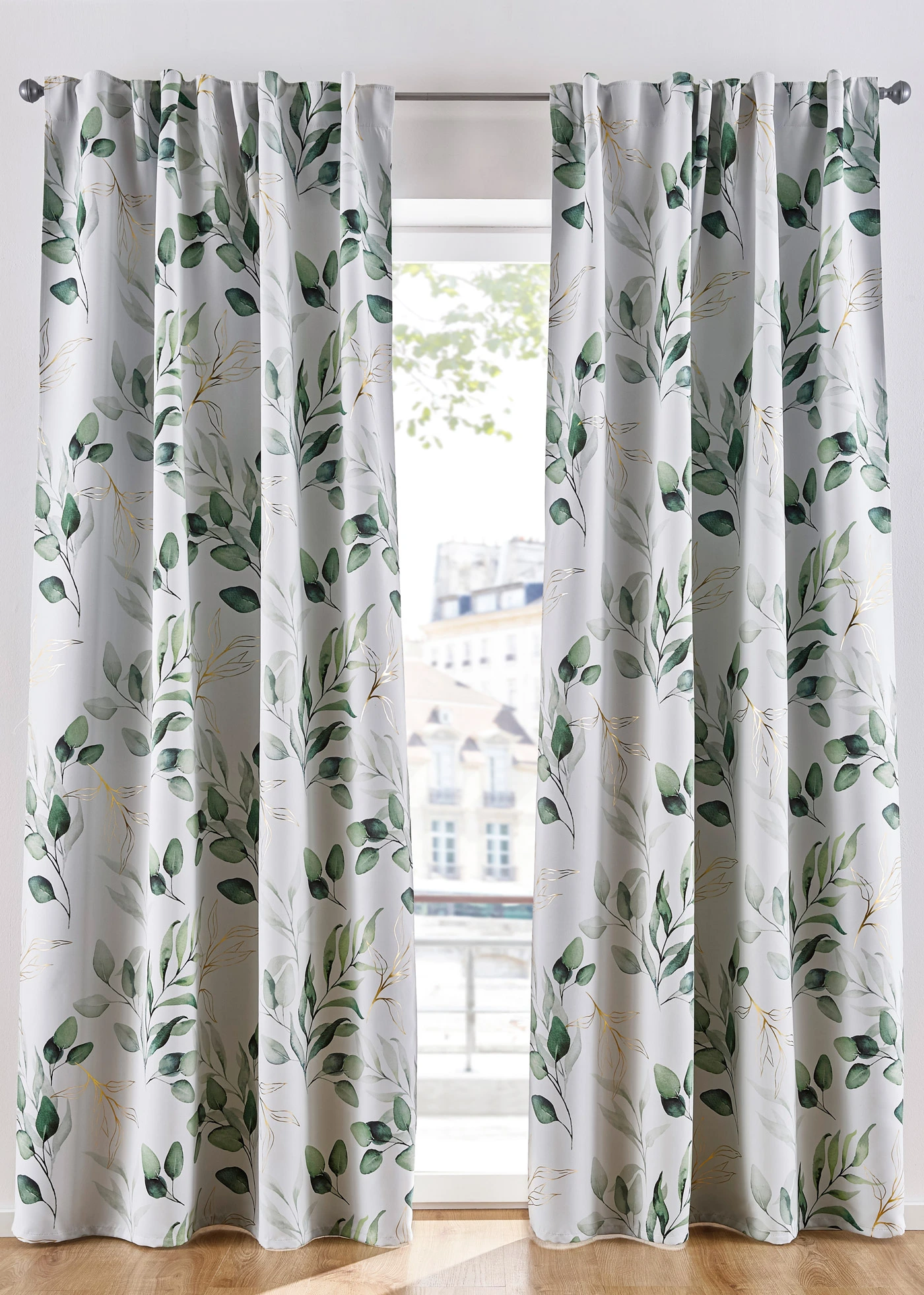 Verduisterend gordijn met glanzende bloemenprint (1 stuk) • groen/lichtgrijs/goudkleur • bonprix online shop