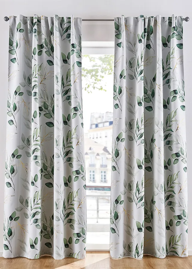 Verduisterend gordijn met glanzende bloemenprint (1 stuk), Kleur: groen/lichtgrijs/goudkleur