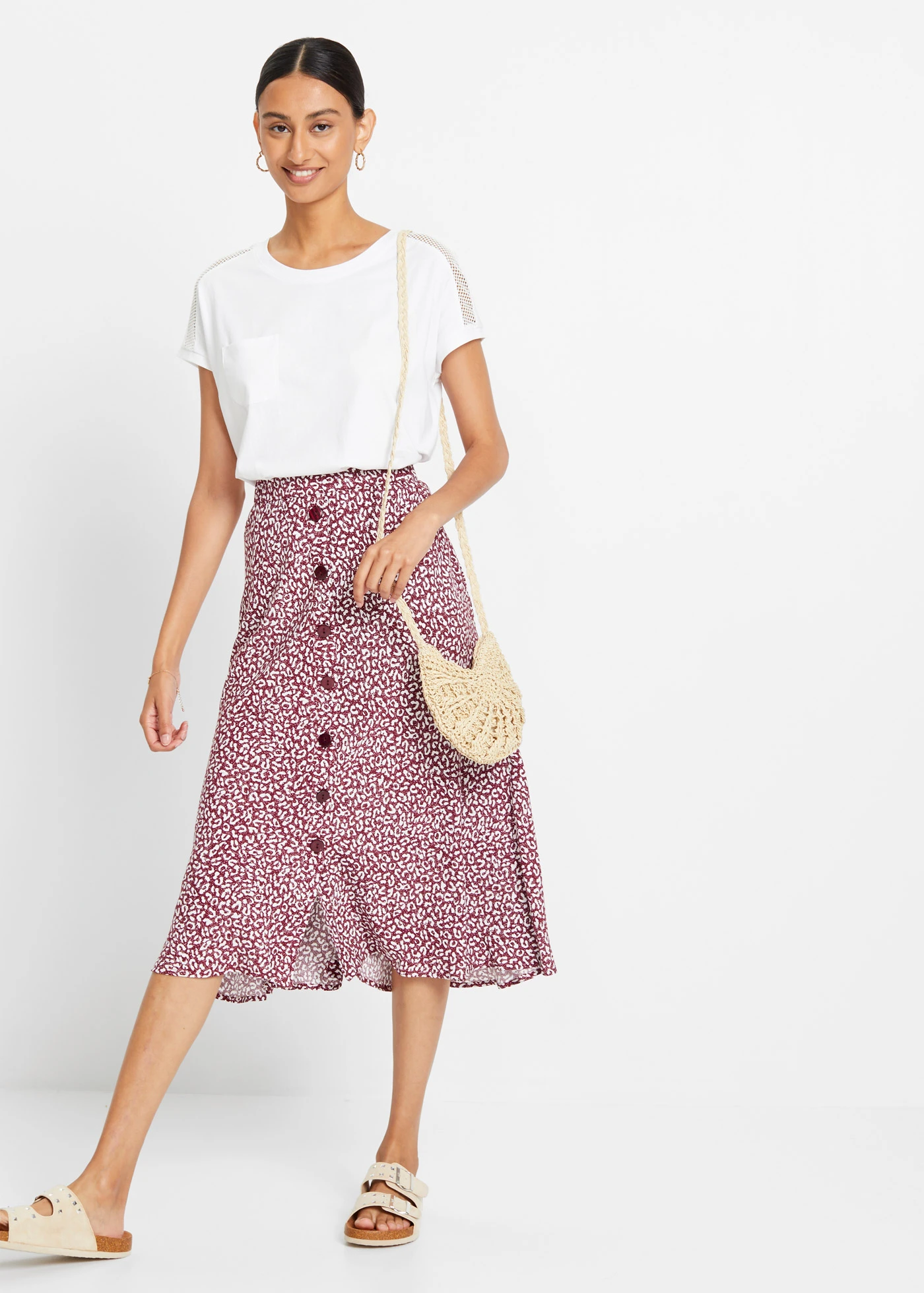 Viskózová sukně s kapsami • tmavě bobulovo-bílá s leopardím potiskem • bonprix obchod