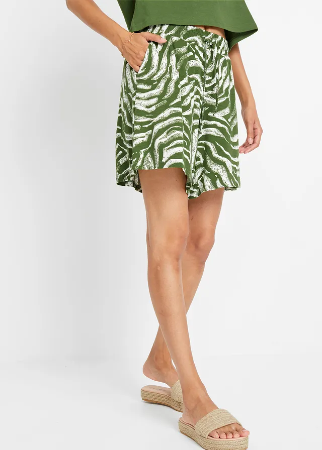 Short en jersey viscose doux, Couleur: vert forêt-écru zèbre