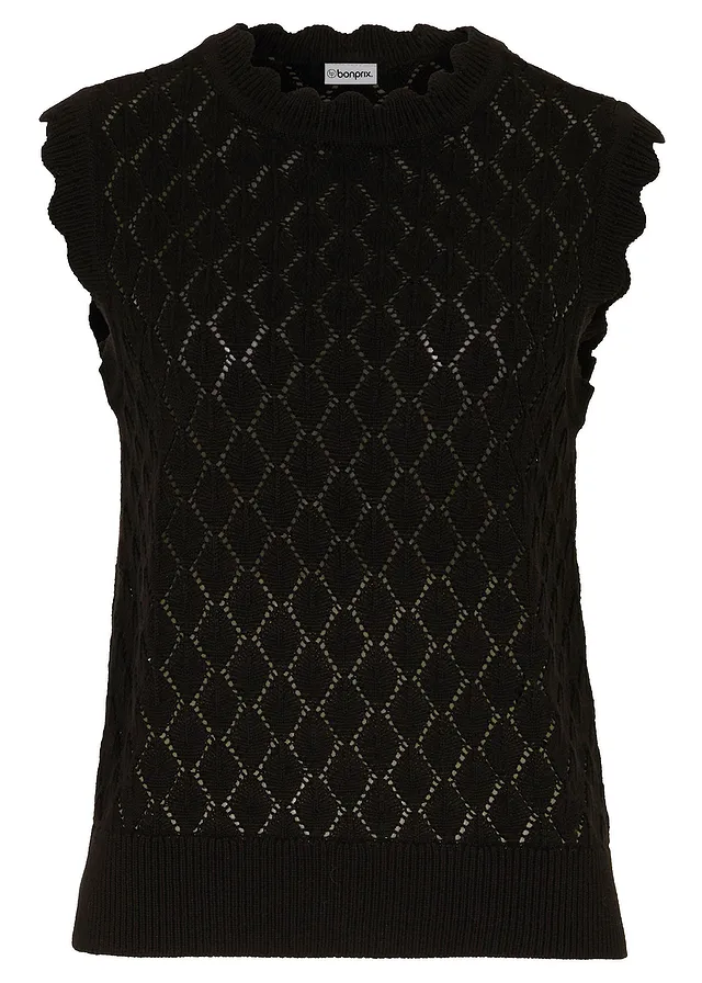 Pull sans manches en maille ajourée, Couleur: noir