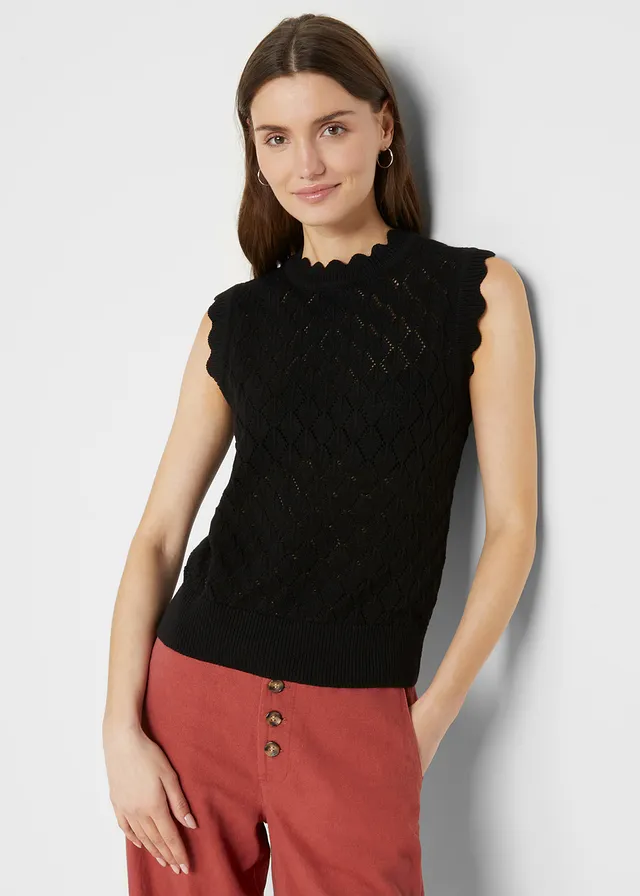 Pull sans manches en maille ajourée, Couleur: noir