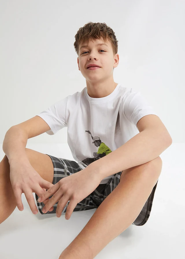 Jongens T-shirt en korte shirtbroek van biologisch katoen (2-dlg. set) • wit+zilvergrijs gedessineerd • product-page.page-title-suffix