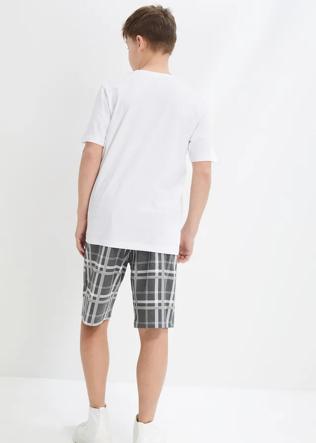 Jongens T-shirt en korte shirtbroek van biologisch  katoen (2-dlg. set), Kleur: wit+zilvergrijs gedessineerd