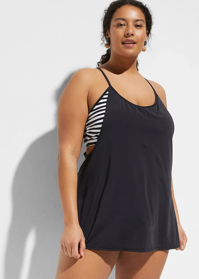 Tankini long (ens. 2 pces) effet superposé, Couleur: noir / blanc