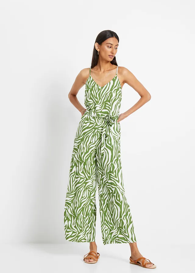 Jumpsuit met strikceintuur, Kleur: zebraprint bosgroen-wit