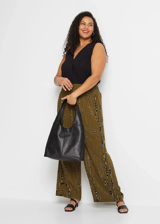 Pantalon palazzo en viscose fluide, Couleur: kaki/noir imprimé