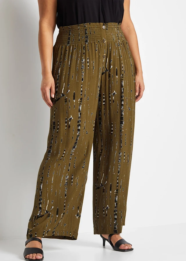 Pantalon palazzo en viscose fluide, Couleur: kaki/noir imprimé